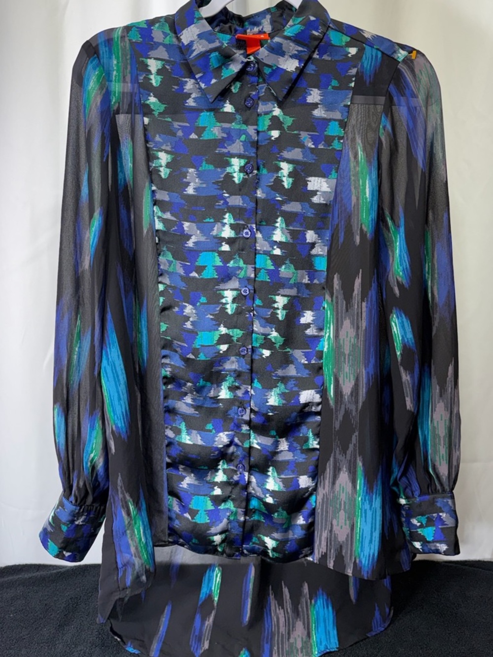 Kirna Zabete Black Button-Front Blouse with Blue & Green Pattern 2430